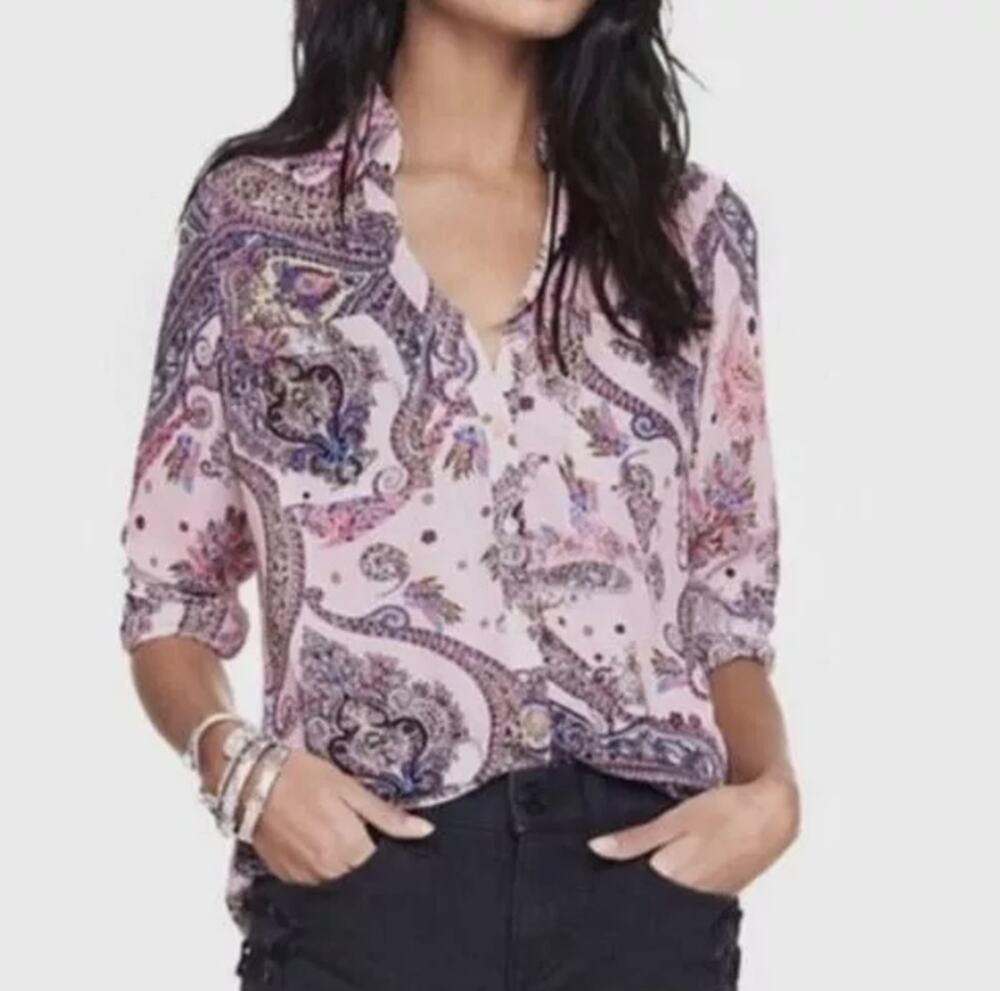 Express Womens Portofino Shirt Top Paisley Print Pink Button Up Down Floral sz S